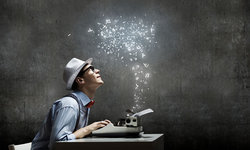 Academic mesmerized as magic dust ascends from his typewriter 